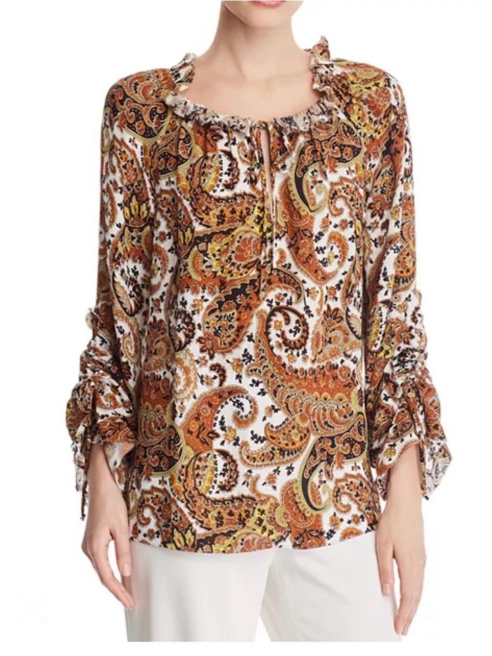 Kobi Halperin Paisley Ruffle Tie-Neck Blouse